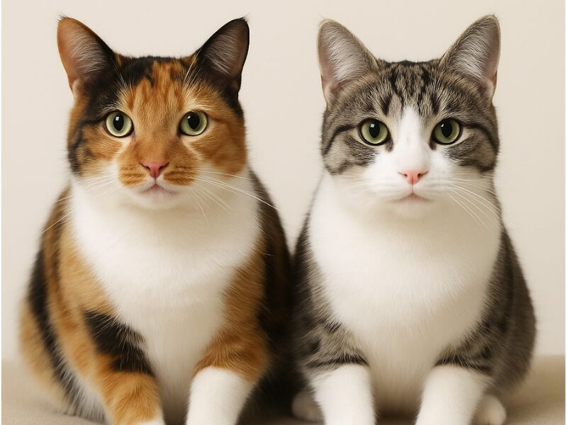 三毛猫とキジ白猫が並んで座っている