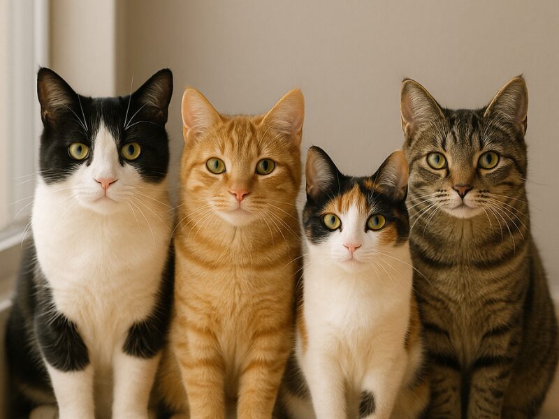 柄が違う4匹の仲良しの猫が集まっている
