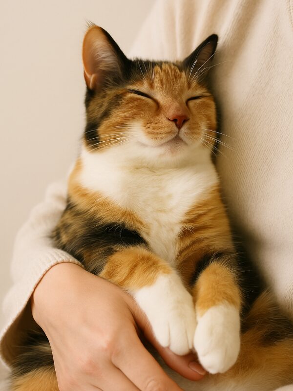 飼い主に抱かれて安心して眠る猫