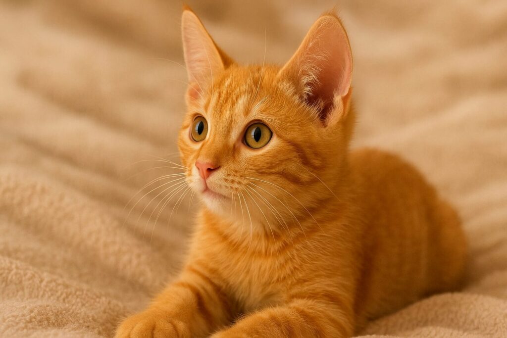 茶トラの子猫が毛布の上に座っている