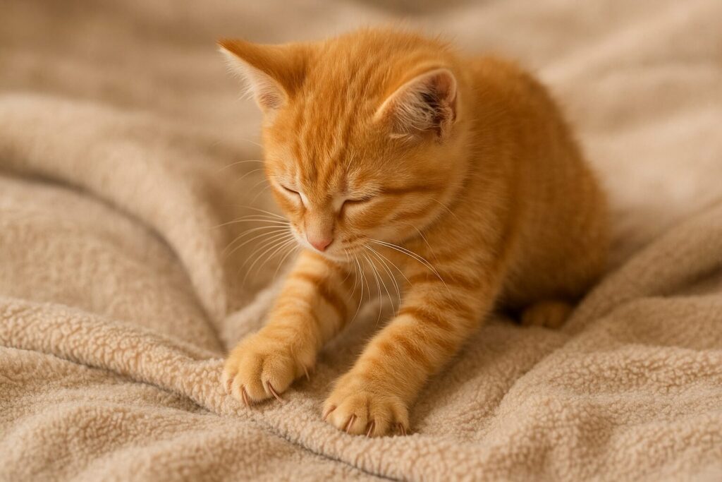 茶トラの子猫がふかふかの毛布をふみふみしている