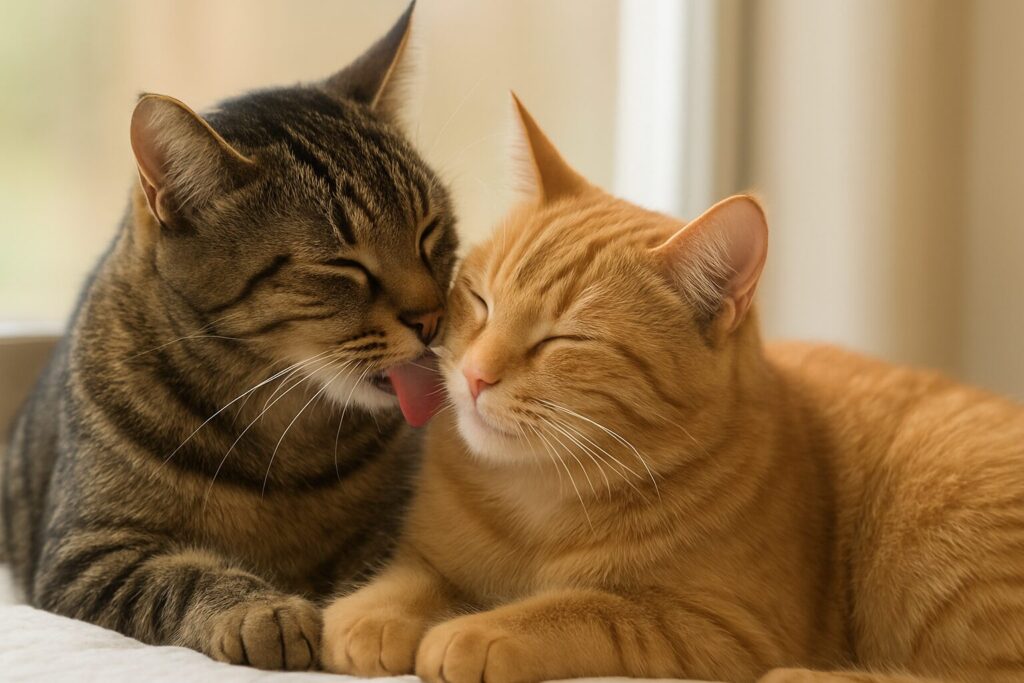 キジトラ猫が茶トラ猫をグルーミングしている
