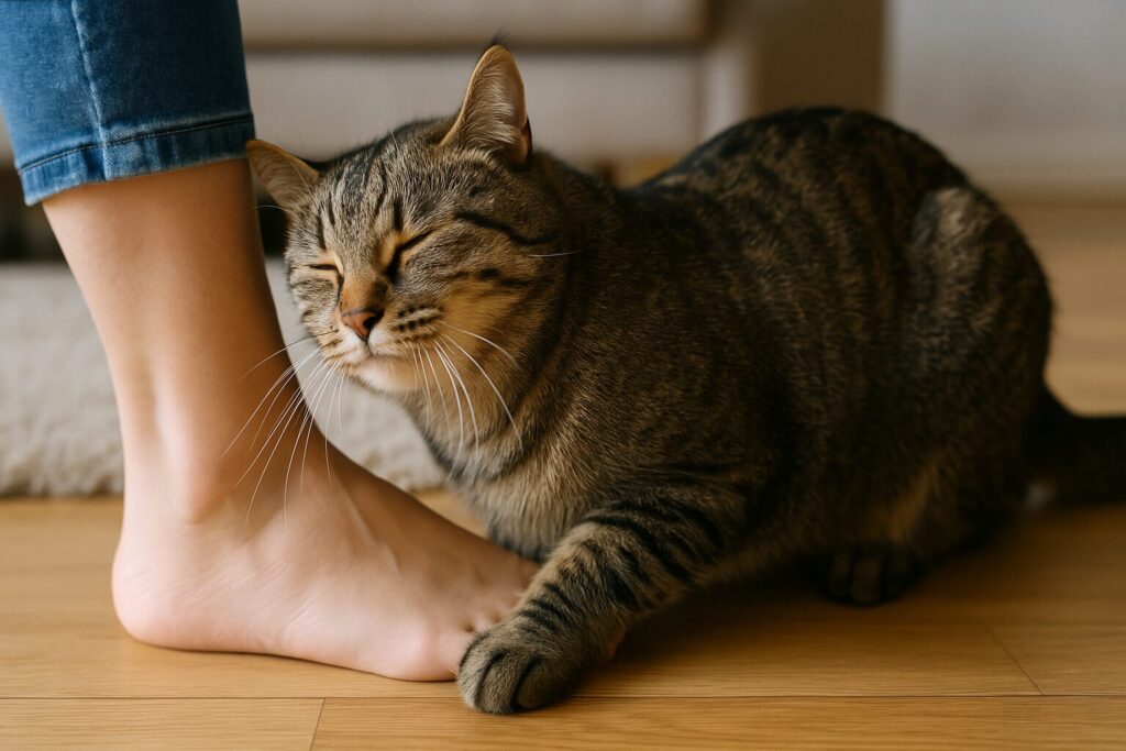 キジトラ猫が飼い主の足元に顔をすりすりしている