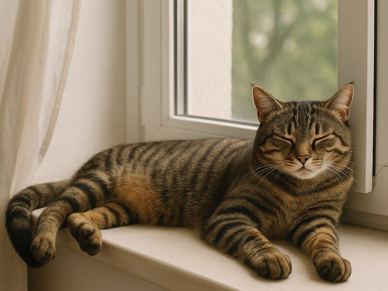 キジトラ猫が窓辺でウトウトとくつろいでいる