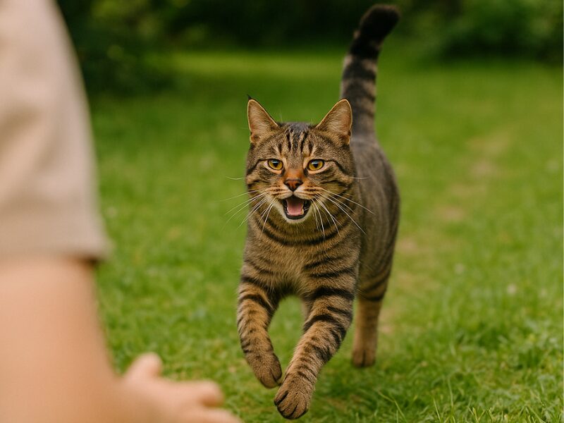キジトラ猫が飼い主を見つけて嬉しそうに駆け寄っている