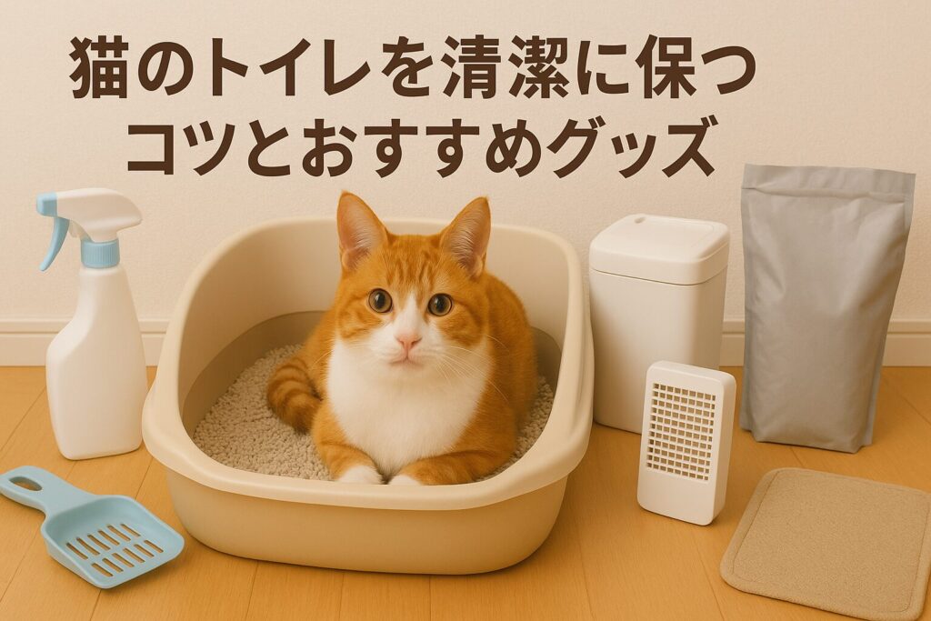 猫の周りに猫トイレのおすすめグッズが並んでいる