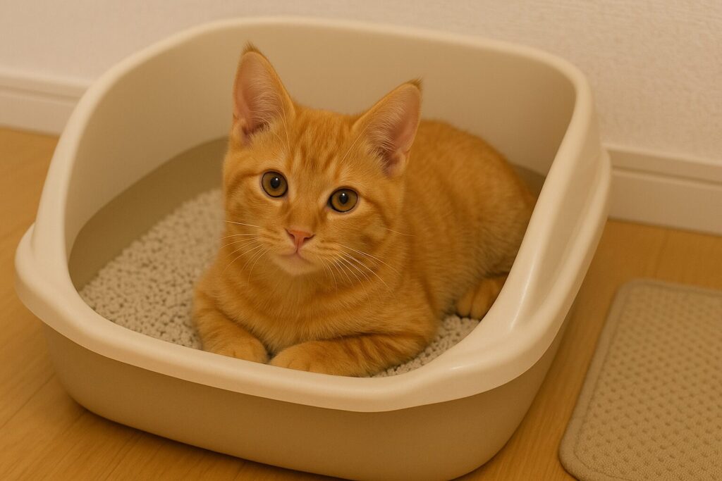 茶トラの子猫が猫トイレの中でくつろいでいる